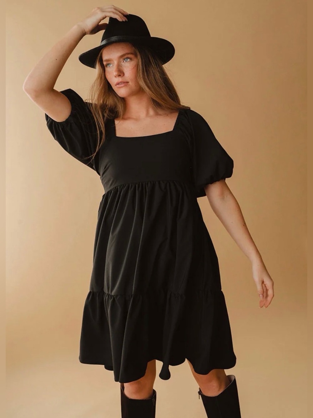 Albion Middleton Dress XS Black Puff Sleeve Square Neck Smocked Midi Cottagecore